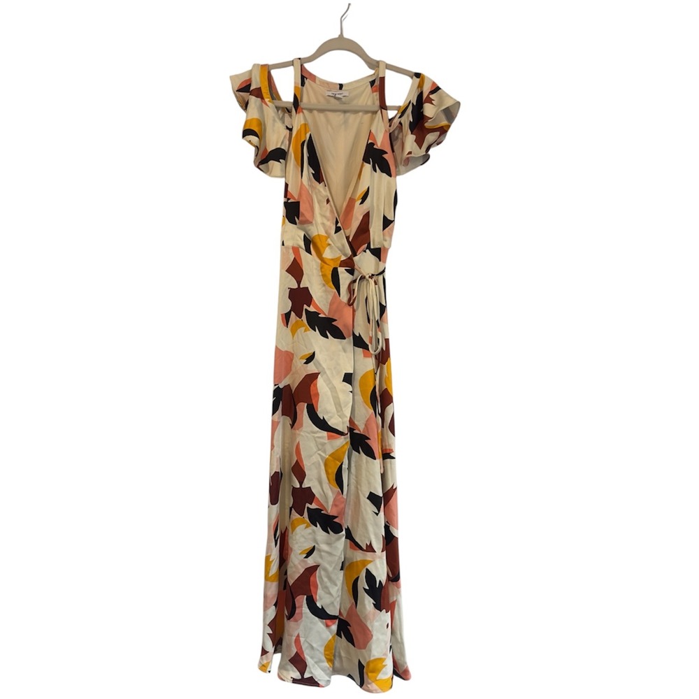 Nine West Womens XS Abstract Leaf Print Cold Shoulder Wrap Maxi Dress